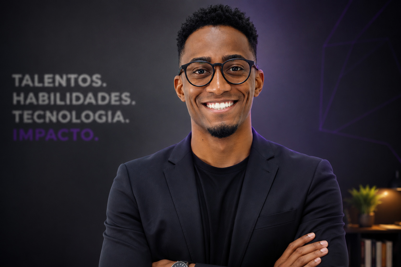 Gabriel Virissimo de braços cruzados, em ambiente com identidade visual de impacto e tecnologia