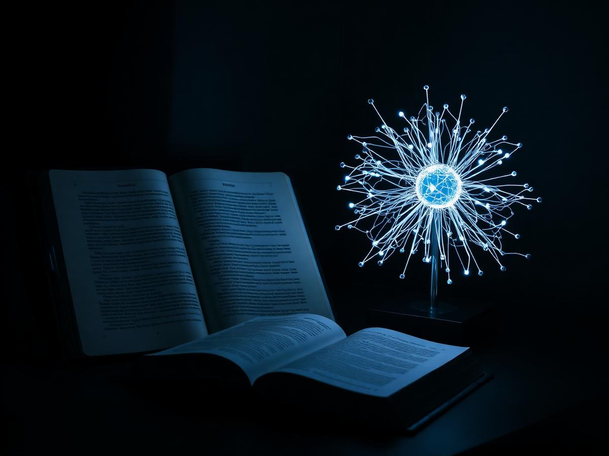 Livro aberto ao lado de uma escultura luminosa de rede neural
