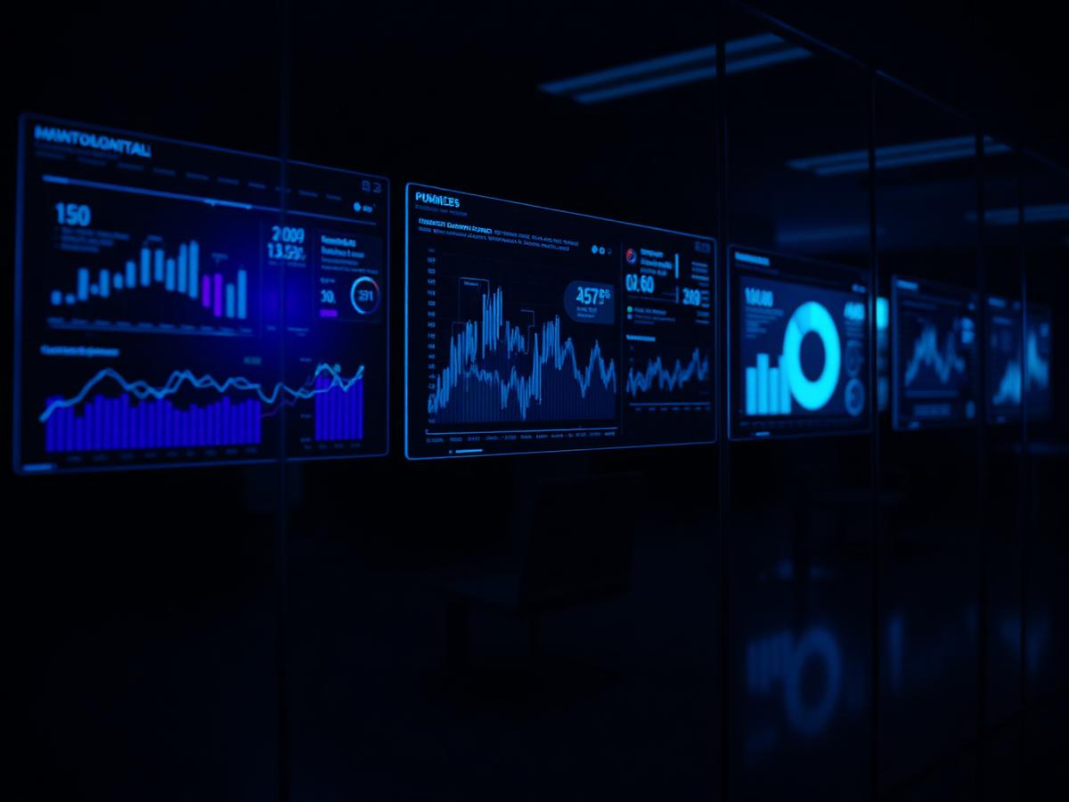 Painéis de dados corporativos refletidos em uma parede de vidro