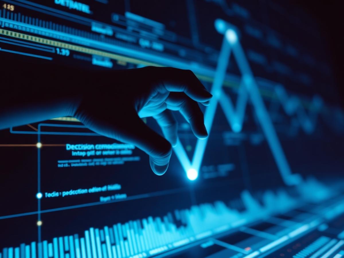 Mão humana sobre uma interface de decisão automatizada