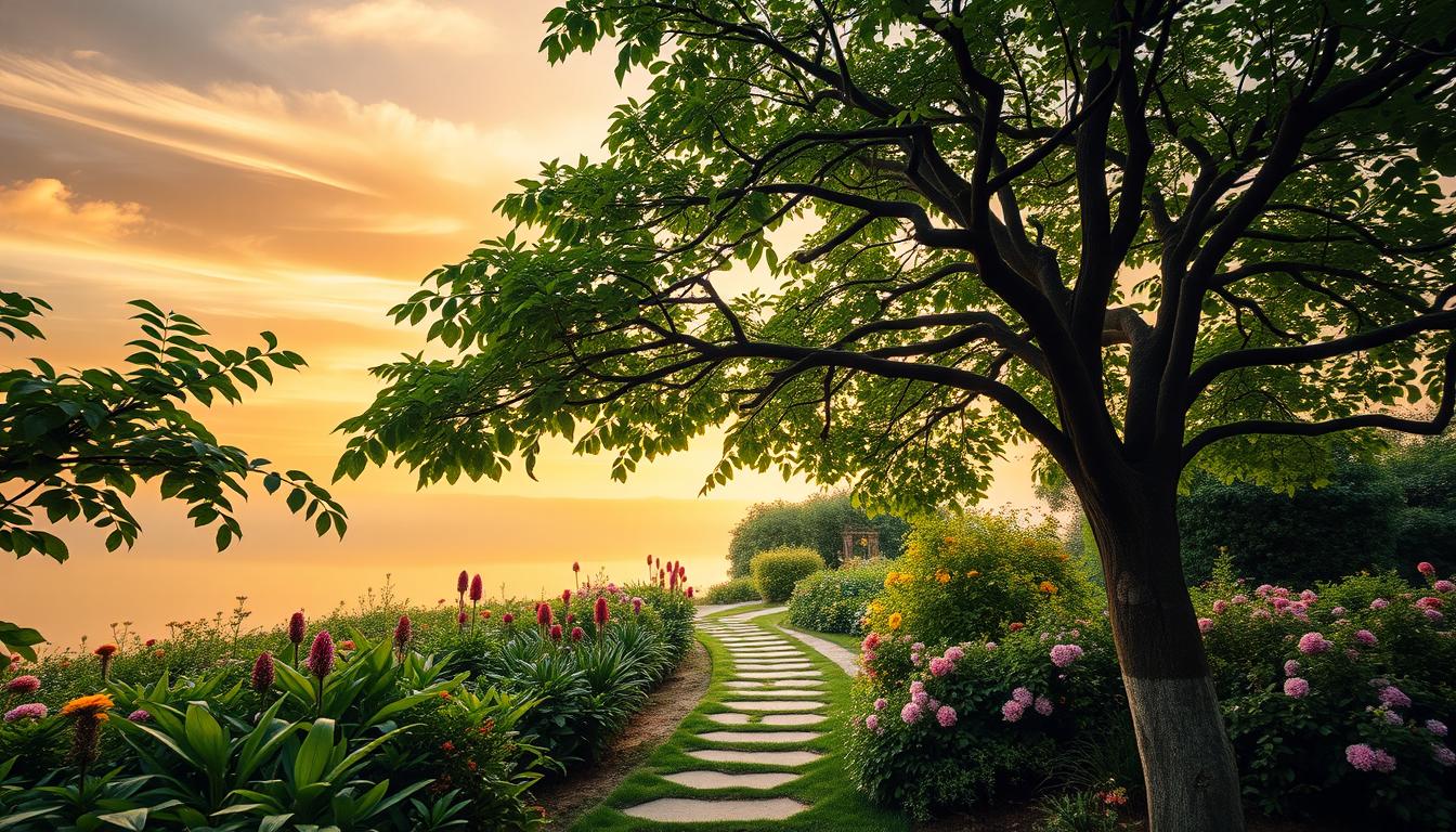 A serene garden scene with a flourishing tree in the foreground, its branches reaching towards the sky. The tree's leaves are vibrant shades of green, symbolizing growth and vitality. In the middle ground, a path winds through lush, blooming flowers, hinting at a journey of personal development. The background features a warm, golden-hued sky with wispy clouds, creating a tranquil, inspirational atmosphere. The lighting is soft and diffused, lending a sense of calm and reflection. Captured with a wide-angle lens to convey a sense of expansiveness and possibility, this image embodies the essence of a growth mindset.